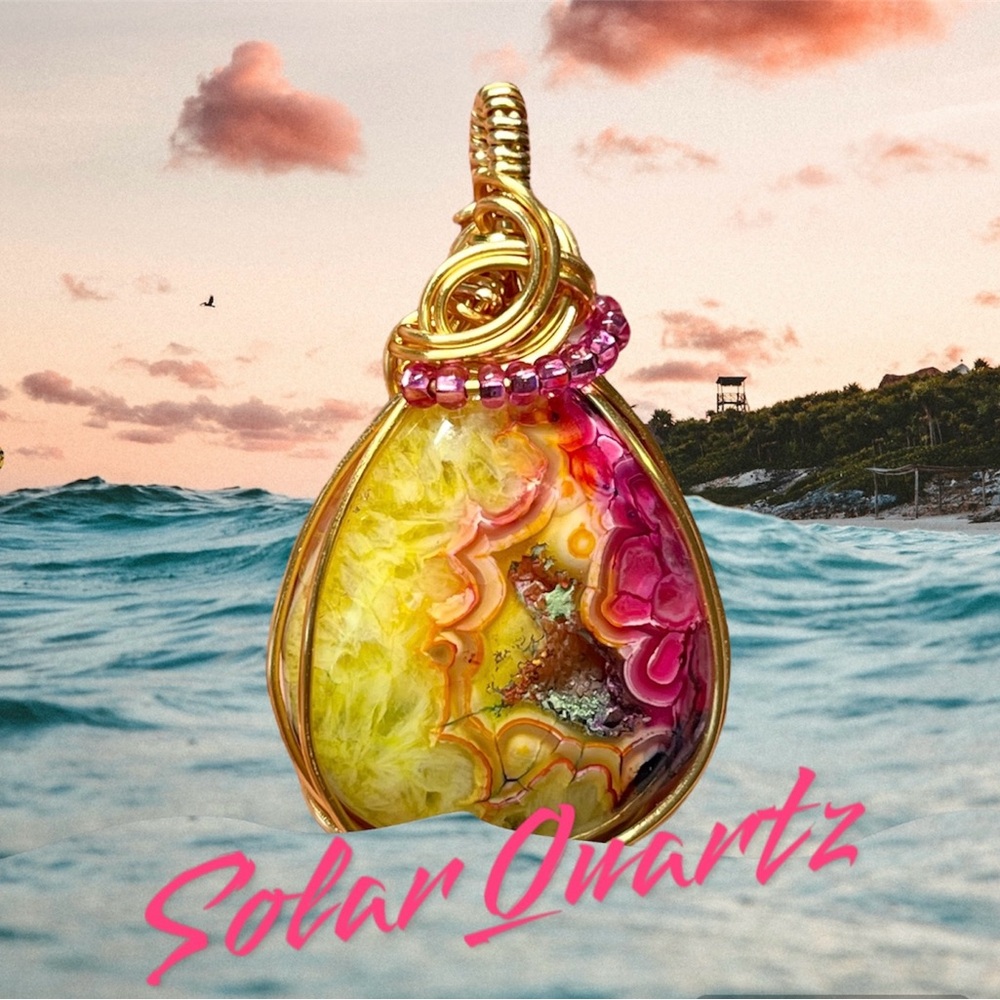 36 CT solar druzy agate-wire wrapped stone with beads/artisan pendant